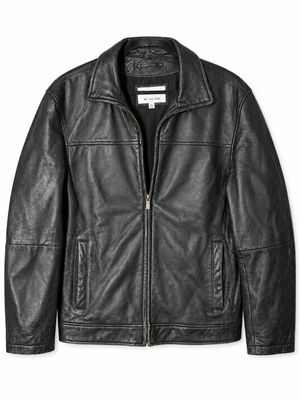 M Julian Black Leather Blouson Jacket Zip Front Fold Collar XL